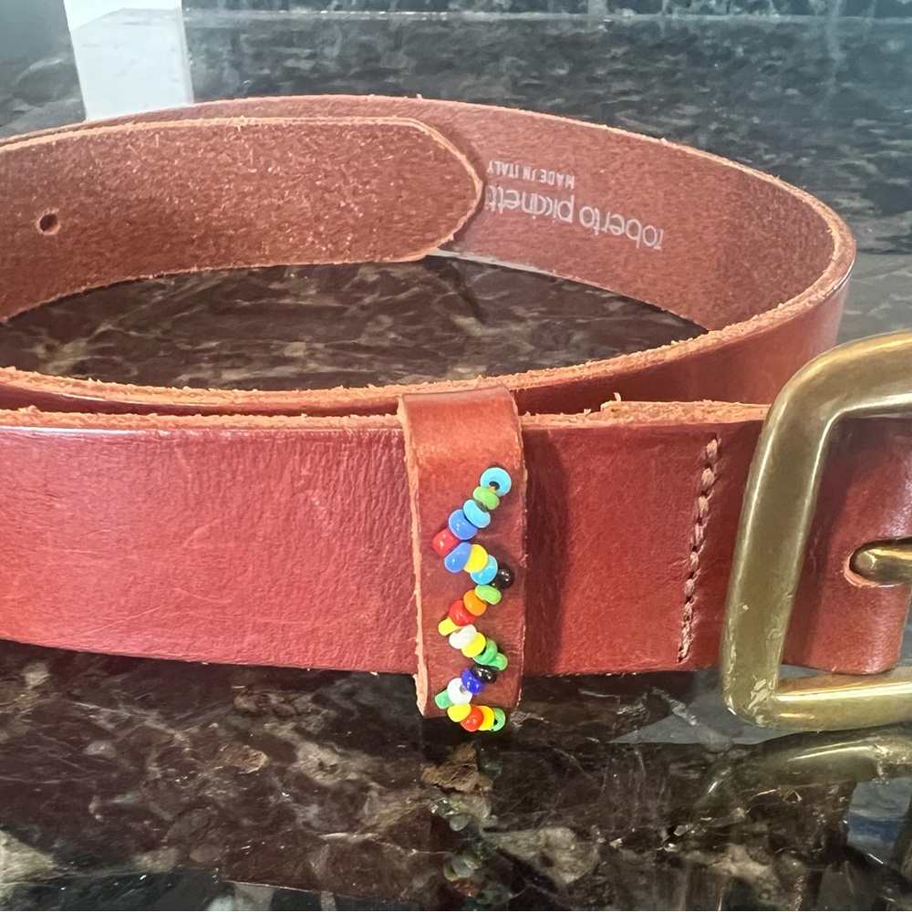 Roberto Piccinetti Brown Leather Belt colorful Beaded Brass Buckle